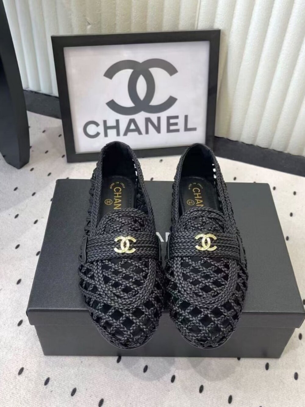 CHANEL Black Woven Mesh Loafer Flats
